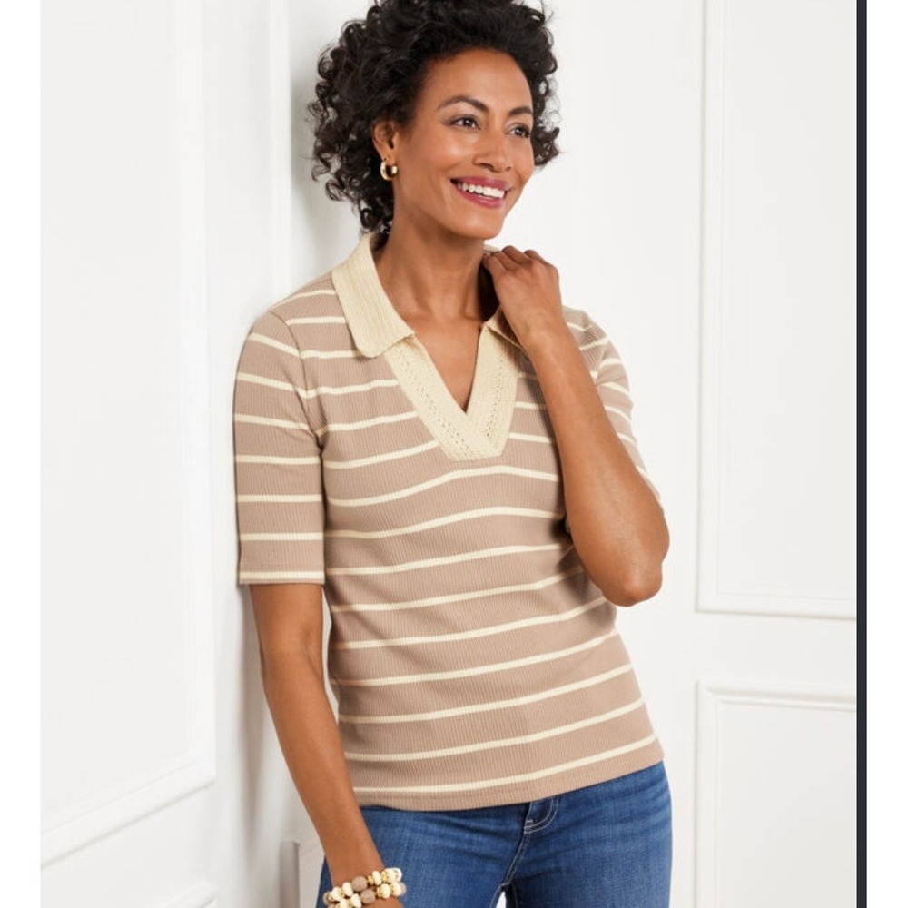 Talbots Polo Shirt Womens L Tan Striped Crochet Collar Ribbed Preppy Coastal